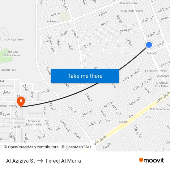 Al Aziziya Street to Fereej Al Murra map