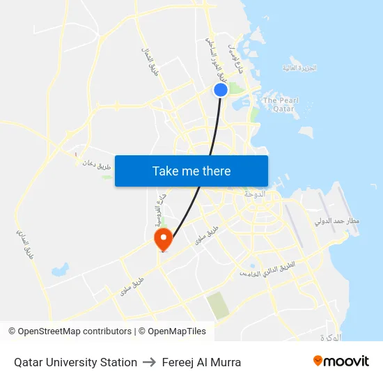 Qatar University Station to Fereej Al Murra map
