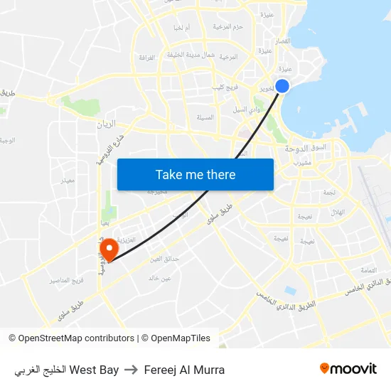 الخليج الغربي West Bay to Fereej Al Murra map