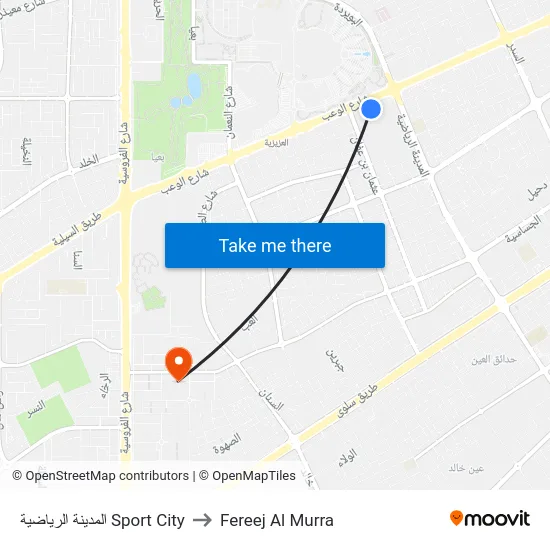 المدينة الرياضية Sport City to Fereej Al Murra map