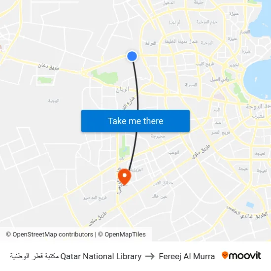 مكتبة قطر الوطنية Qatar National Library to Fereej Al Murra map