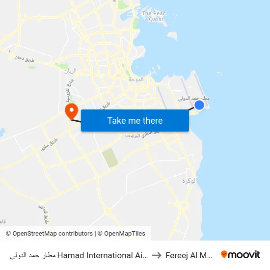 مطار حمد الدولي Hamad International Airport to Fereej Al Murra map