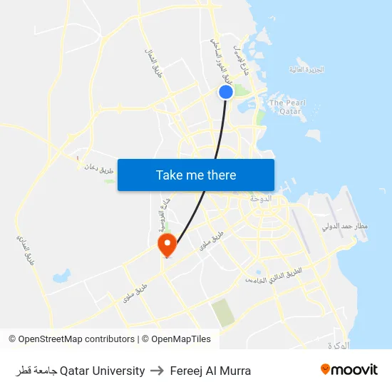 جامعة قطر Qatar University to Fereej Al Murra map
