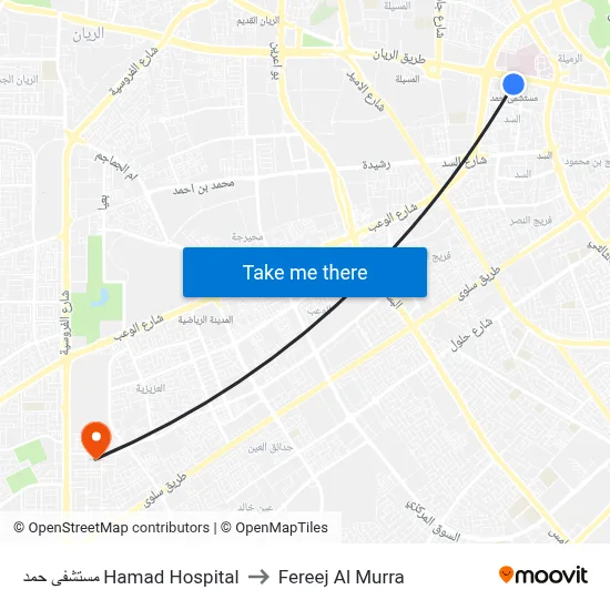 مستشفى حمد Hamad Hospital to Fereej Al Murra map