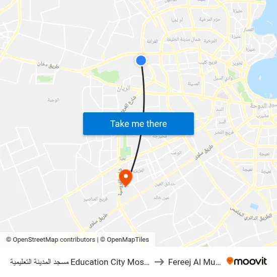 مسجد المدينة التعليمية Education City Mosque to Fereej Al Murra map