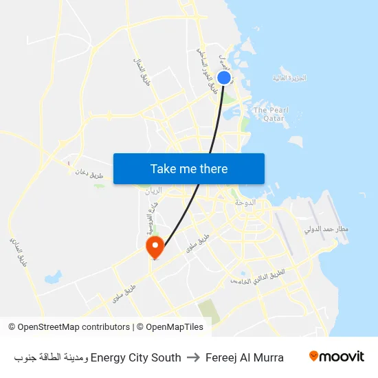 ومدينة الطاقة جنوب Energy City South to Fereej Al Murra map