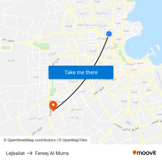 Lejbailat to Fereej Al Murra map