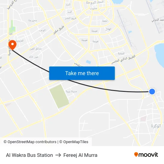 Al Wakra Bus Station to Fereej Al Murra map