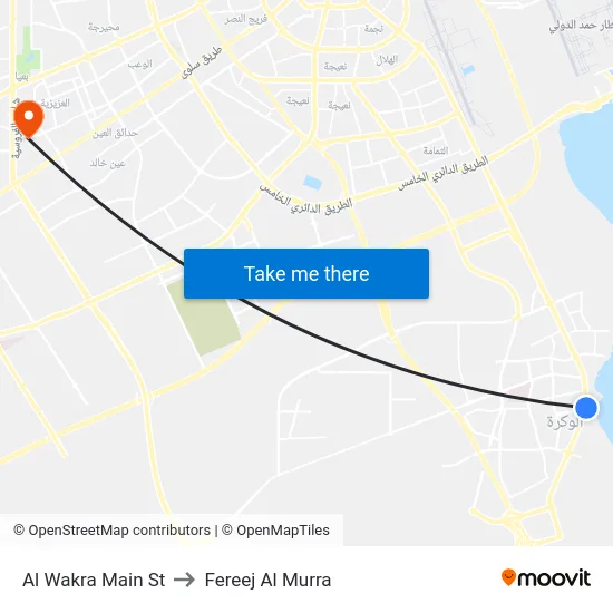 Al Wakra Main St to Fereej Al Murra map