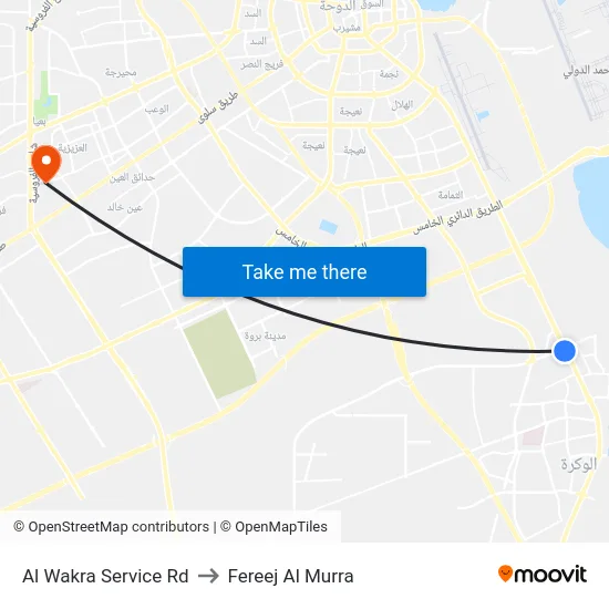 Al Wakra Service Rd to Fereej Al Murra map