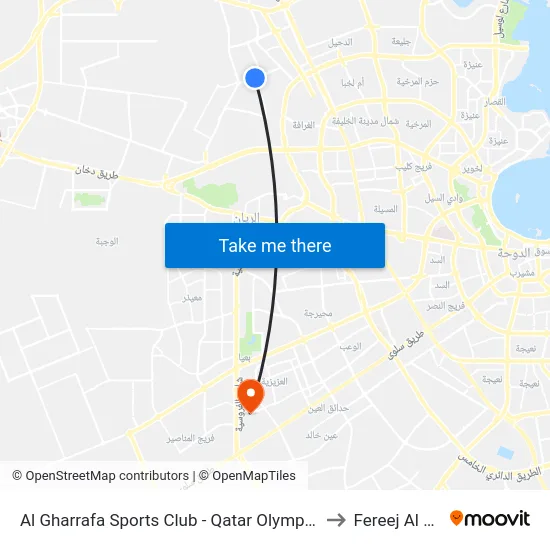 Al Gharrafa Sports Club - Qatar Olympic Committee to Fereej Al Murra map