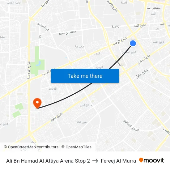 Ali Bn Hamad Al Attiya Arena Stop 2 to Fereej Al Murra map