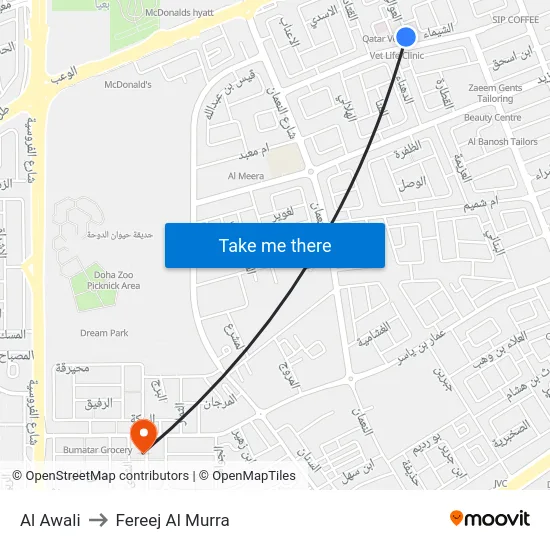 Al Awali to Fereej Al Murra map