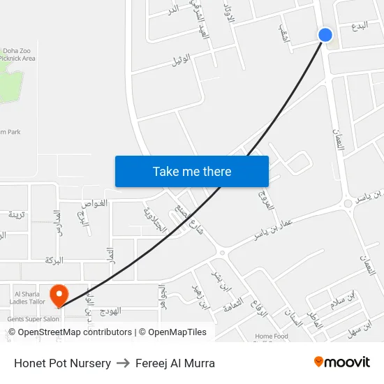 Honet Pot Nursery to Fereej Al Murra map