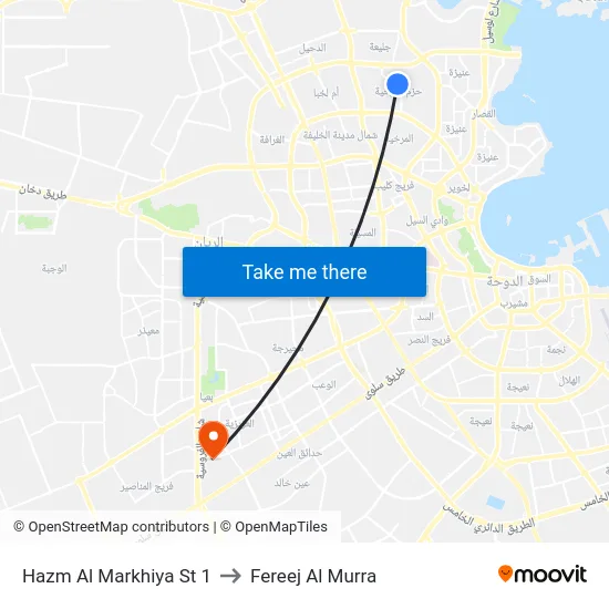 Hazm Al Markhiya St 1 to Fereej Al Murra map
