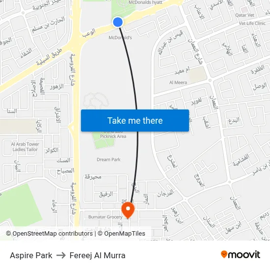 Aspire Park to Fereej Al Murra map