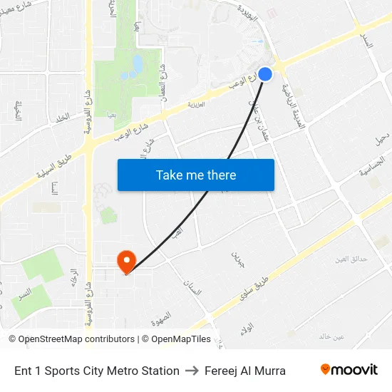 Ent 1 Sports City Metro Station to Fereej Al Murra map