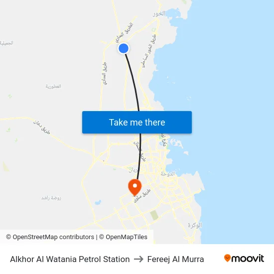 Alkhor Al Watania Petrol Station to Fereej Al Murra map