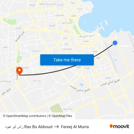 راس أبو عبود Ras Bu Abboud to Fereej Al Murra map