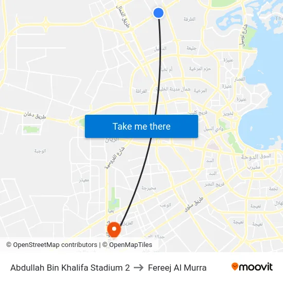 Abdullah Bin Khalifa Stadium 2 to Fereej Al Murra map