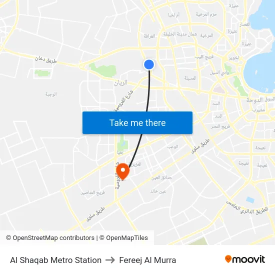 Al Shaqab Metro Station to Fereej Al Murra map