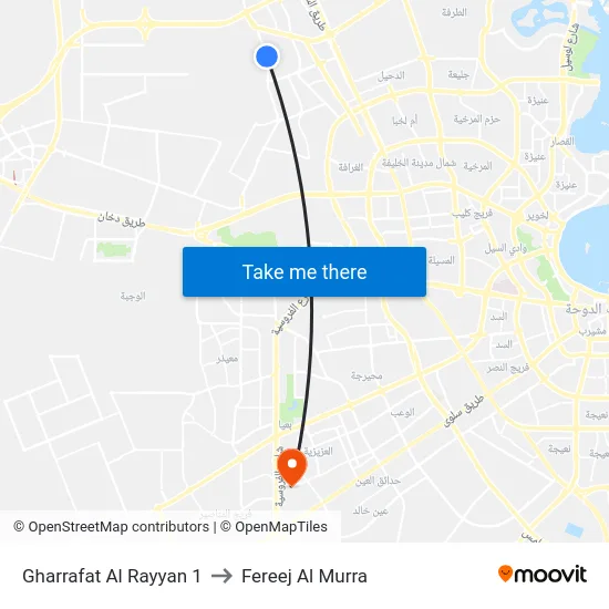Gharrafat Al Rayyan 1 to Fereej Al Murra map