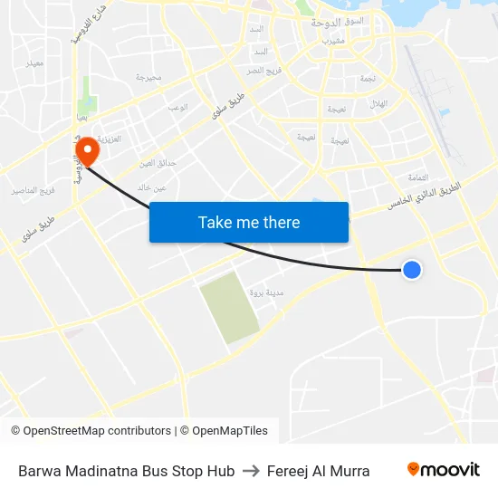 Barwa Madinatna Bus Stop Hub to Fereej Al Murra map