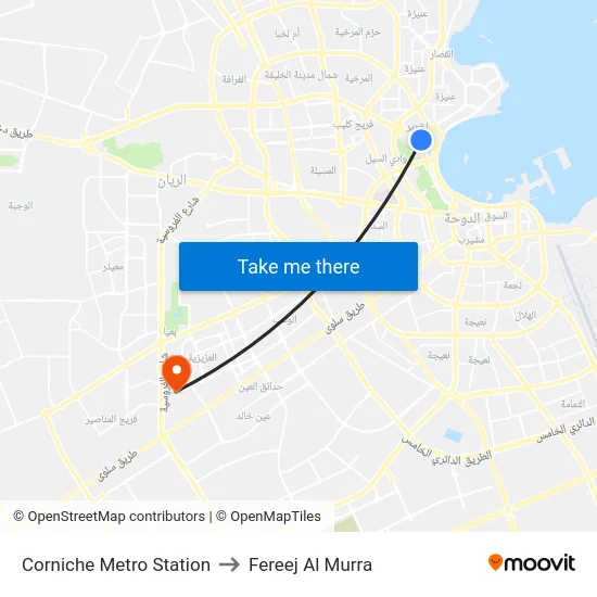 Corniche Metro Station to Fereej Al Murra map