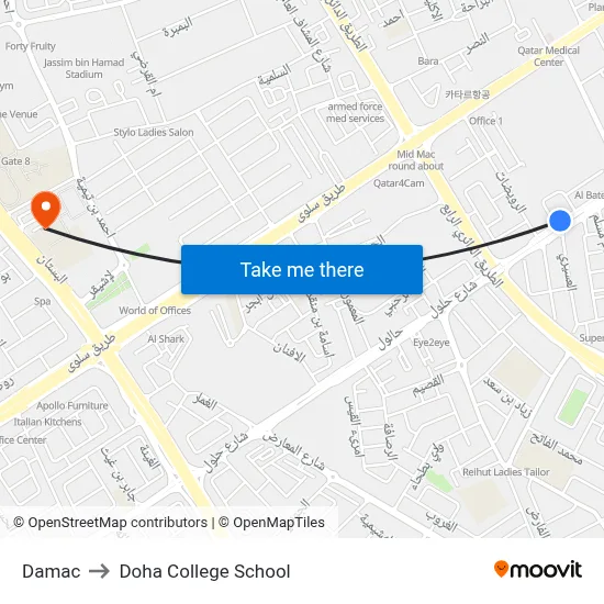 Damac to Doha College School map