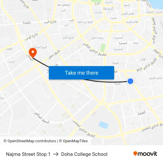 Najma Street Stop 1 to Doha College School map
