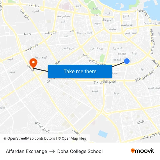 Alfardan Exchange to Doha College School map