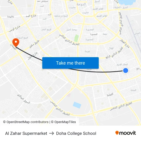 Al Zahar Supermarket to Doha College School map