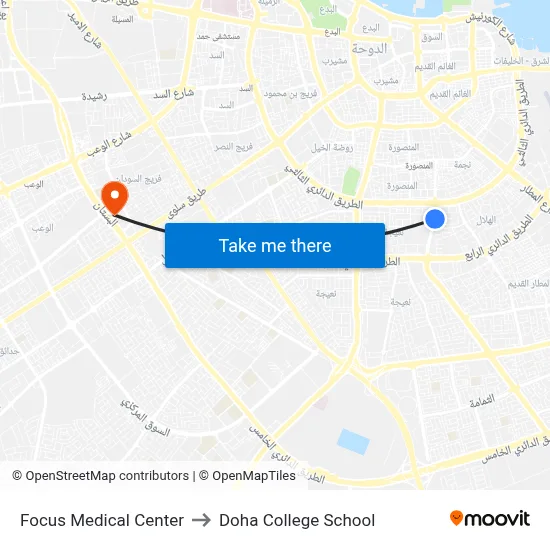 Focus Medical Center to Doha College School map