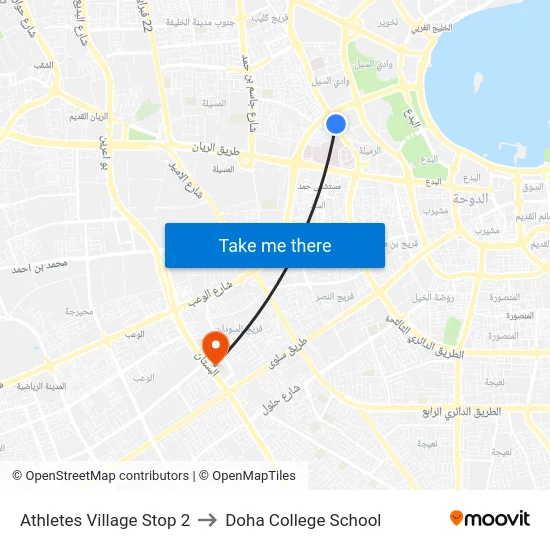 Athletes Village Stop 2 to Doha College School map