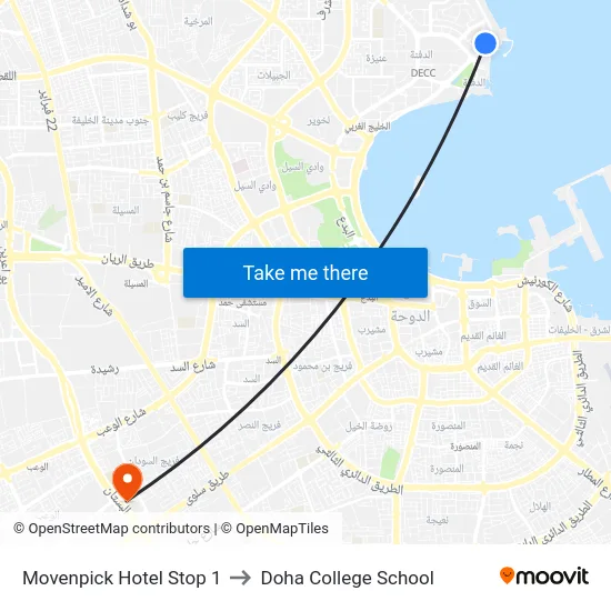 Movenpick Hotel Stop 1 to Doha College School map