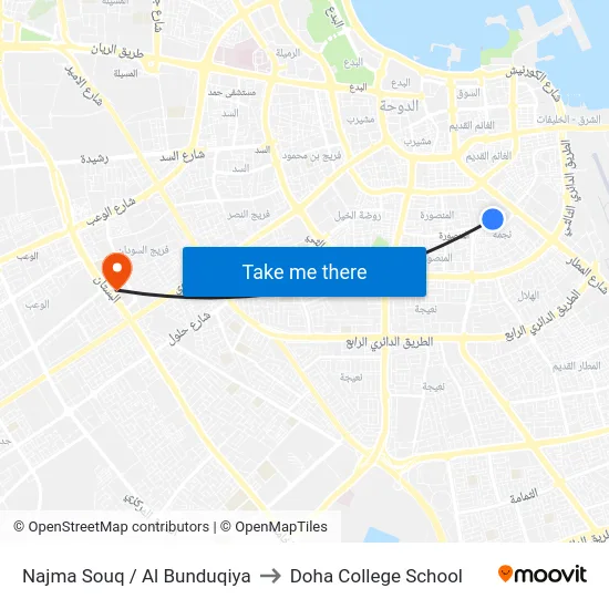 Najma Souq / Al Bunduqiya to Doha College School map