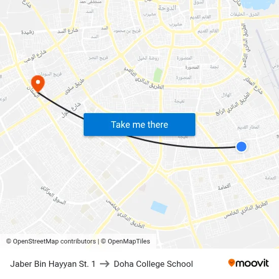 Jaber Bin Hayyan St. 1 to Doha College School map