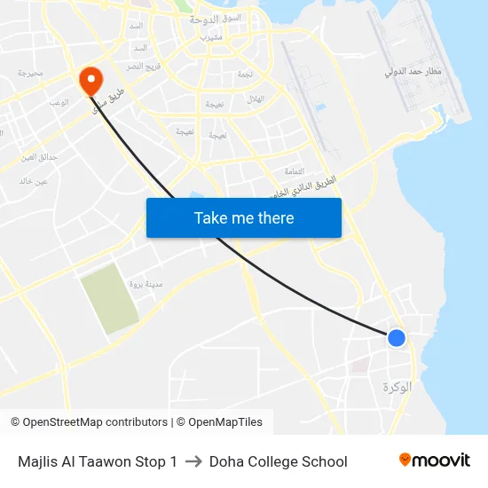 Majlis Al Taawon Stop 1 to Doha College School map