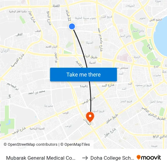 Mubarak General Medical Complex to Doha College School map
