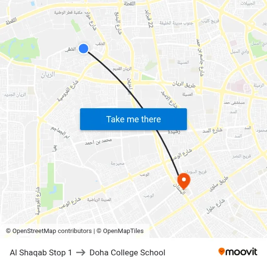 Al Shaqab Stop 1 to Doha College School map
