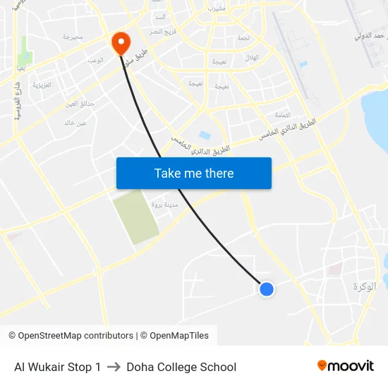 Al Wukair Stop 1 to Doha College School map