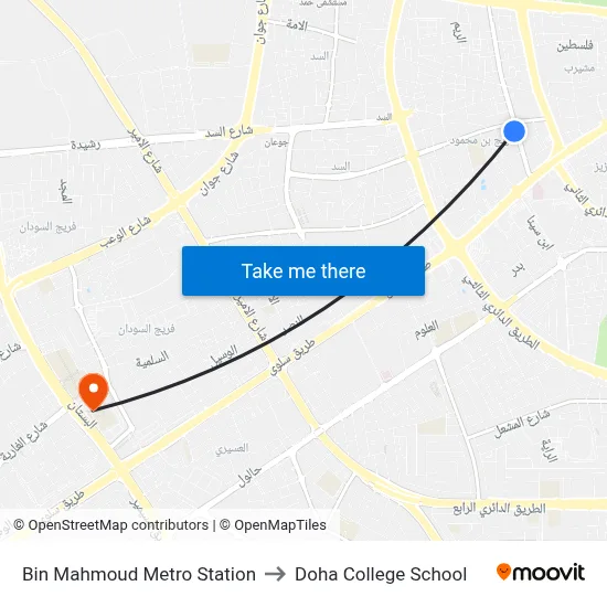 Bin Mahmoud Metro Station to Doha College School map