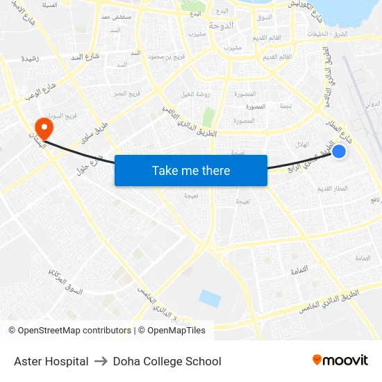 Aster Hospital to Doha College School map