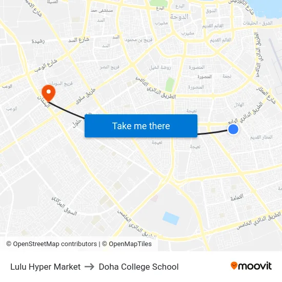 Lulu Hyper Market to Doha College School map