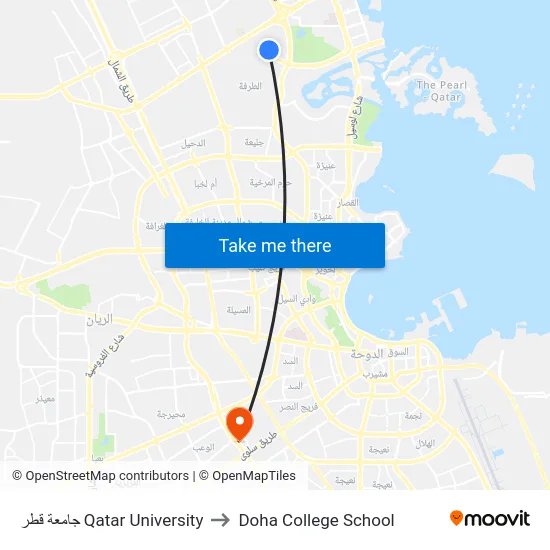 جامعة قطر Qatar University to Doha College School map