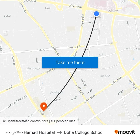 مستشفى حمد Hamad Hospital to Doha College School map