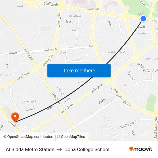 Al Bidda Metro Station to Doha College School map