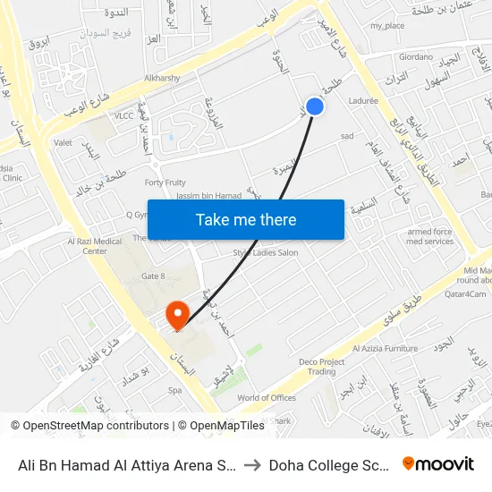 Ali Bn Hamad Al Attiya Arena Stop 1 to Doha College School map