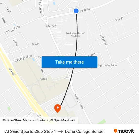 Al Saad Sports Club Stop 1 to Doha College School map