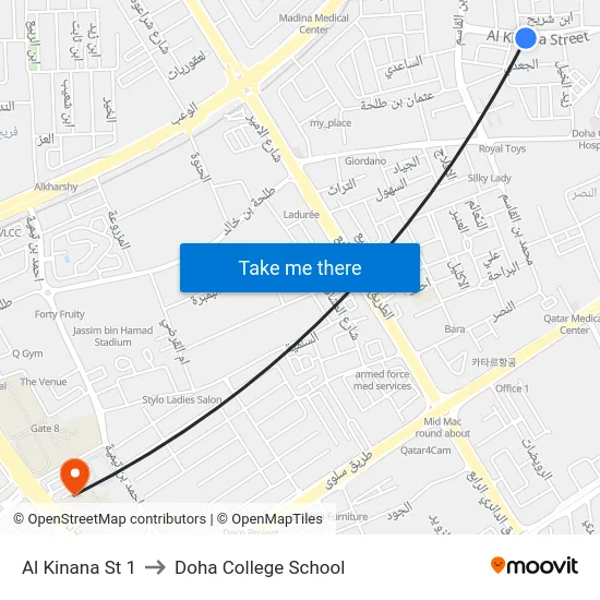 Al Kinana St 1 to Doha College School map